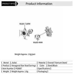 Polished titanium steel hexagram stud earrings with black stone inlay for men and women