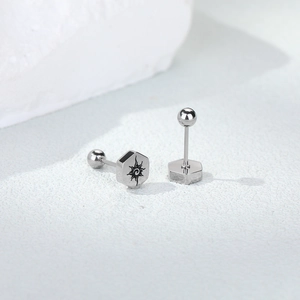 Minimalist stainless steel hexagon stud earrings with sun engraving and screw back closure