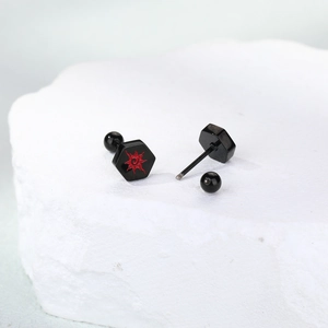 Black hexagonal stainless steel sun stud earrings with screw ball backs for men and women