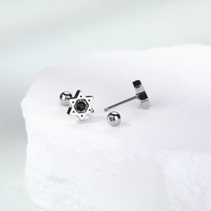 Hexagram star stud earrings in stainless steel with black zircon and screw back closure