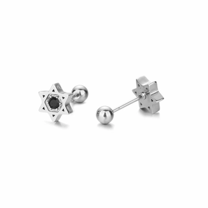 Macro detail of Hexagram stud earrings with black zircon and screw back closure