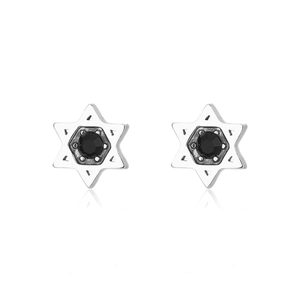 Macro detail of Hexagram stud earrings in 316 stainless steel with black stone inlays