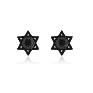Pair of black hexagram stud earrings with center stone on a clean white background