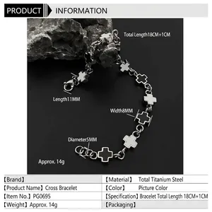 Titanium steel cross bracelet with black and white links on dark rock background