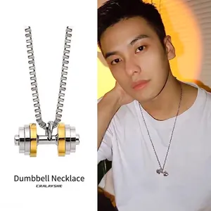 Collier haltère pour hommes en acier inoxydable bicolore argent et or pour sportifs