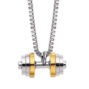 Collier pendentif haltère bicolore argent et or avec chaîne box en acier inoxydable sport