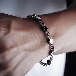 Gothic Titanium Steel Cross Bracelet For Men Women Stainless Steel Black White Spliced Punk Style Hip Hop Jewelry Accessory