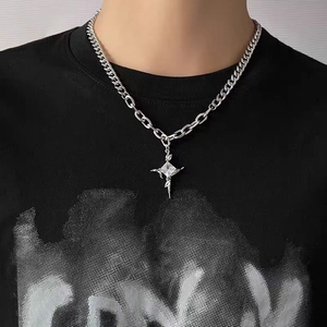 Gothic stainless steel cross necklace with crystal pendant on a heavy chain for men and women