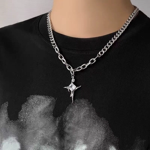 Cross star necklace with cubic zirconia and asymmetrical stainless steel chain