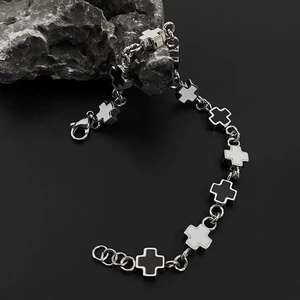 Gothic style titanium steel cross bracelet with black and white splicing details