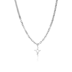 Polished silver chain necklace with starburst cross pendant featuring central crystal