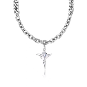Macro shot of silver stainless steel star pendant with central square zircon and thick chain