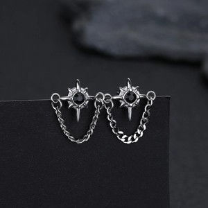Orecchini a Bottone in Acciaio al Titanio con Stella e Catena Strass Uomo Donna Stile Freddo Minimalista Stella Geometrica