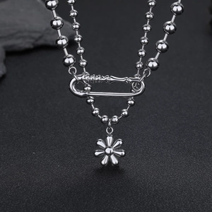 Collier Double Rang Hip Hop en Acier Inoxydable Chaîne à Billes Avec Pendentif Fleur de Marguerite et Épingle de Sûreté