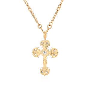 Collier pendentif croix dorée baroque serti d'un cristal carré pour homme et femme