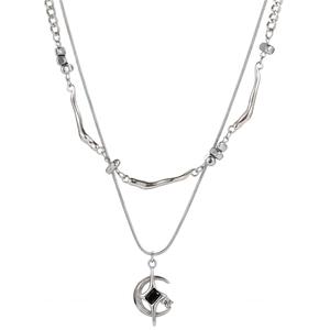 Collier Double Couche Pendentif Étoile Lune Acier Titane Argent Strass Chaîne Géométrique Pour Femme Bijoux Hip Hop Cool