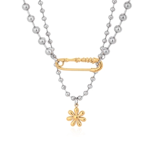 Collier hip hop à boules argentées avec épingle de sûreté dorée et pendentif marguerite