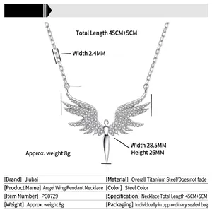 Pendentif collier ailes d'ange en acier titane avec cristaux et dimensions de chaîne