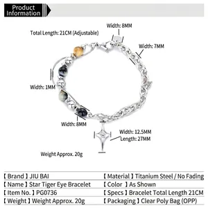 Bracciale in occhio di tigre e acciaio al titanio con pendente stella e catena regolabile
