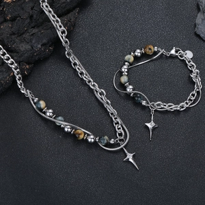 Set collana e bracciale in acciaio al titanio con occhio di tigre e stelle