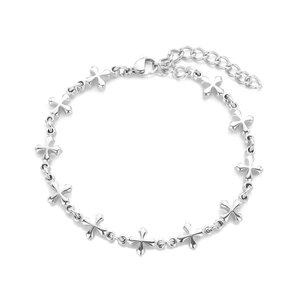 Bracciale a croce trifoglio in acciaio inossidabile lucido argento con chiusura a moschettone