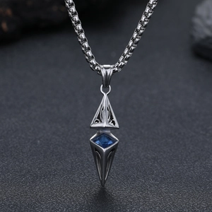 Geometric Rhombus Pendant Necklace Titanium Steel Blue Zirconia Inlaid Box Chain Minimalism Punk Jewelry For Men Boys