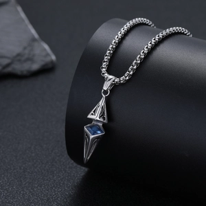 Men's geometric spearhead pendant necklace with blue square gemstone on box chain