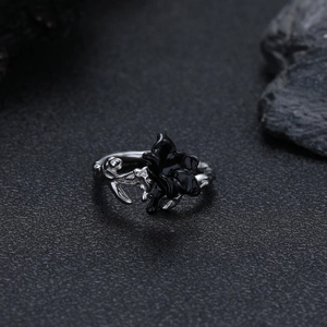Vintage gothic open ring featuring black mandala flower and silver thorn branches