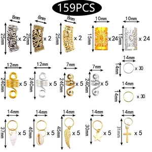159pcs dreadlock jewelry set with silver hair tubes and golden metal spring rings