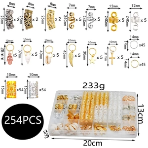 254pcs Dreadlock Jewelry Set with Gold Silver Metal Cuffs and Pendants in Storage Box
