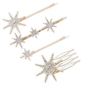 Fünfteiliges goldenes Haarschmuck-Set mit Stern- und Sonnenmotiven und funkelnden Kristallen
