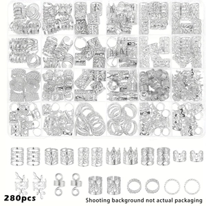 280pcs silver hair braid accessories kit with rings and cuffs in a clear storage box