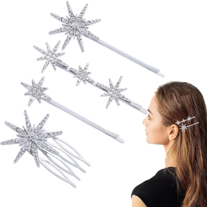 Geometric silver star hair clip set with sparkling rhinestones and model showcase