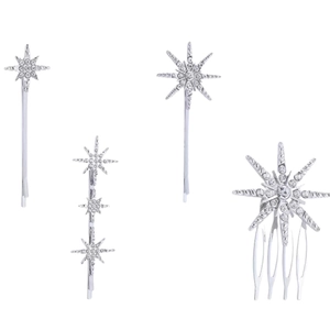 Elegant silver star hair clip set with sparkling rhinestones and geometric sun hairpins
