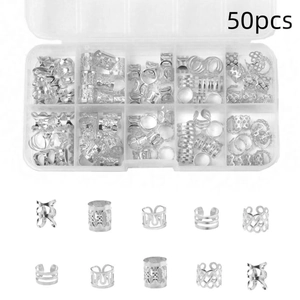 50pcs silver hollow dreadlock hair rings jewelry set with clear storage box