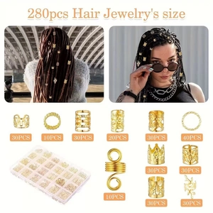 280pcs gold hair jewelry set for braids with various rings and cuffs in a plastic box