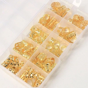 Set of 50 gold dreadlock hair rings and hollow metal cuffs in a 10-grid storage box
