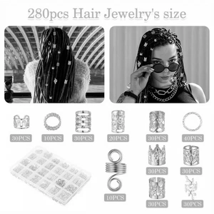 Detailed chart of 280pcs hair jewelry rings and cuffs for dreadlock braiding styles
