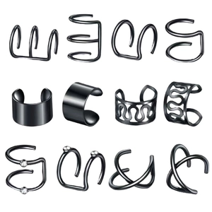 Set of 12 vintage black stainless steel ear cuffs with leaf and minimalist zircon designs