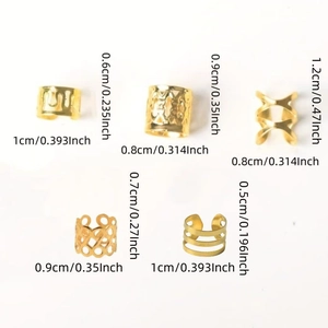 Detailed view of 5 unique golden hollow metal hair rings for braids with precise dimensions