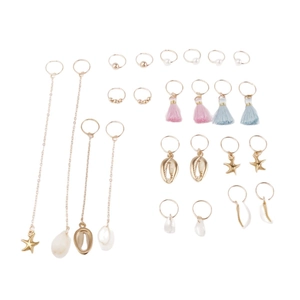 Set of 24 bohemian gold hair charms with tassels, shells, and stars for braided hairstyles