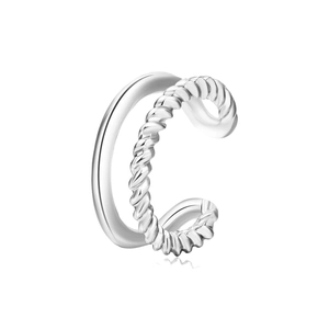 Detail of silver double-layered ear cuff with minimalist smooth and twisted rope textures