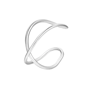 Minimalist silver geometric criss-cross ear cuff with adjustable double line spiral design
