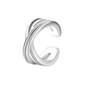 Detailed close-up of a silver multi-layer spiral ear cuff with a polished geometric wrap design