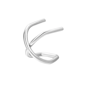 Detailed view of silver dual-line crisscross ear cuff with polished mirror finish