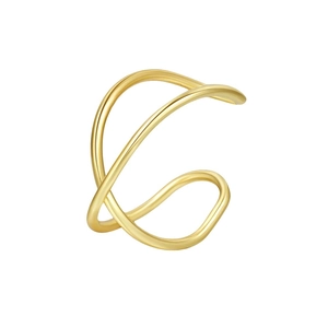 Detail of minimalist gold-plated adjustable ear cuff with crisscross wrap design