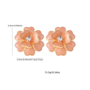 Pink enamel flower earrings with crystal center and precise size measurements