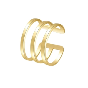 Detail view of a minimalist three-layer gold ear cuff with a polished metallic finish