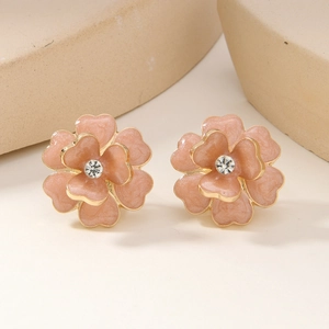 Pink Camellia Flower Stud Earrings Alloy With Silver Earring Post Elegant Drip Oil Rhinestone Jewelry For Women
