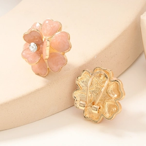 Elegant pink flower stud earrings with gold trim and crystal center for women